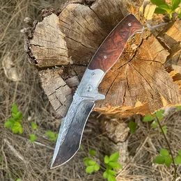 R1023 Flipper Folding Knife VG10 Damascus Steel Drop Point Acid Etched Blade Shadow Wood with Steel Head Handle Ball Bearing EDC Pocket Knives