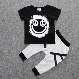 2st Nyfödd Småbarn Baby Boy Clothes Black Print T-shirt Top Long Pant Outfit Kids Summer Cotton Clothing Set 0-2y