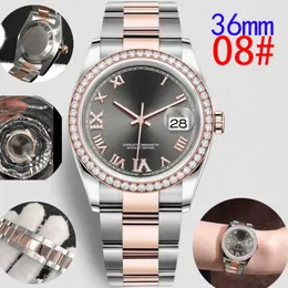 Relógio feminino de 36 mm com precisão de aço inoxidável, movimento automático com diamantes e algarismos romanos, pulseira de aço, relógio à prova d'água