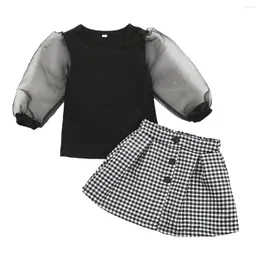 Roupas Conjuntos de roupas 1-6t crianças infantis menina menina malha longa camisa de manga longa Saias xadrezas 2pcs Sun Protect Summer Roupas de roupas de verão