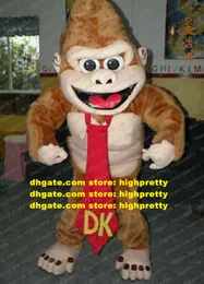 Fato de Mascote Bonito Kong Kim Vajra Marrom Macaco Orangotango Com Cabelo Castanho Espiral Longo Gravata Vermelha No.4813