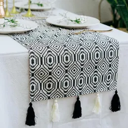 Bordduk DunxDeco Runner Tablette Cover Fabric Nordic Geometric White Black Tassels Modern Home Office Store Decoration