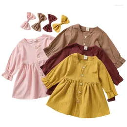 소녀 드레스 2pcs 어린이 캐주얼 의상 단색 긴 소매 싱글 브레스트 v- 넥 드레스 보우 헤어 클립 6 개월 -4 년