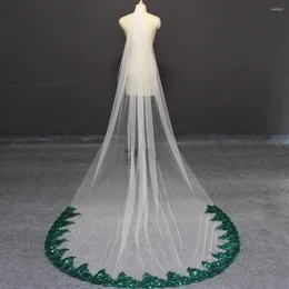 Véus de noiva Real Po Po macio de marfim de marfim véu de casamento com renda verde 3 metros de comprimento lantejoulas de bling