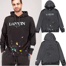 Herenhoodies Sweatshirts Borduurletters bedrukt met splash-inkt, zware wassing, gebruikte badstof hoodie van 100% katoen