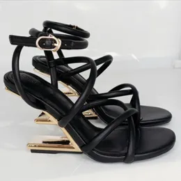 Sandalen Schuhe mit hohen Absätzen Sandalen Leder Sandale Schuhe Sommer First Sculpted High F Heel Open Toes Thin Double Twisted Bands AnkleStrap Lammfell Luxus D J230525