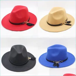 Wide Brim Hats Woman Flat Eaves Formal Hat Big Edge Versatile Feather Woolen Cloth Jazz Hats Belt Decoration Fedora Cap Factory Dire Dhprl