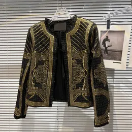 Jackets femininas Retro Mulheres Jaqueta brilhante 2022 lantejoulas de ouro geométricas bombardeiro o pescoço nacionalidade bordar casaco casual fêmea feminina