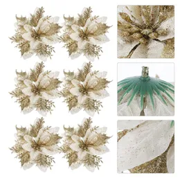 Flores decorativas Poinsettia Artificial Tree Picks Flower Hastes Glitter Grinale Fake Garland Decorações Decor Goldplants Red