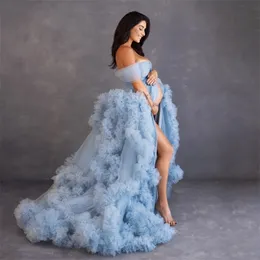 Sukienki na przyjęcie Light Sky Blue Prom dla kobiet w ciąży warstwowe suknie wieczorowe z falbankami przód Split P oshoot sukienka ciążowa 221021