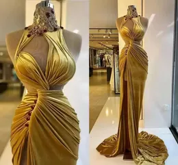 Gold Velvet Prom Dresses Elegant Ruched Long Sweep Train Mermaid Evening Party Gowns Side Slit High Neck Crystals Beading Sleeveless Arabic Robe de BC14502