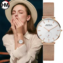 Hannah Martin Nowy zegarek Kobiety luksusowy moda stalowa z siatki ze stali nierdzewnej zegarki z zegarkiem małego kwarcowego kwarcowego damskiego