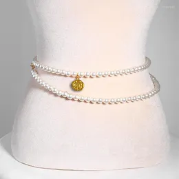 Cinturones de moda de moda para mujeres Cintur￳n de lujo para pantalones colgante de flores elegante ajustable con cadena larga de perlas Accesorios de bricolaje dorado