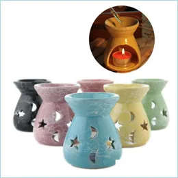 Fragrance Lamps Creative Aromatherapy Stove Ceramic Oil Lamps Hollow Stars Moon Pattern Essential Fragrance Candle Incense Burners B Dhjs5