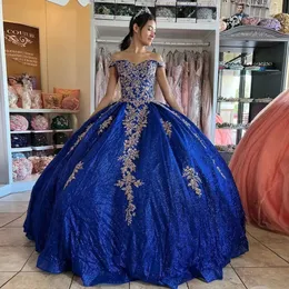 Glitzer 2023 Quinceanera-Kleider in Übergröße, Königsblau, süßes 15-Kleid, schulterfrei, Applikationen, Vestidos de 16 Anos, mexikanische Mädchen tragen