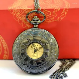 Orologi da taschino Orologio al quarzo nero di lusso vintage per uomo Custodia con incisione Scheletro Steampunk Fob Collana con catena Collezione orologio regalo