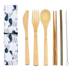 7 pcs/set eco-friendly bamboo flatware cutlery 20 style portable straw dinnerware sets with cloth bag knives fork spoon chopsticks RRE15328