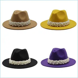 Cappelli a tesa larga 18 colori Jazz cappello formale panno di lana perla grondaia piatta cowboy inverno a tesa larga cappelli Panama donna feltro cappelli Fedora 19 Dhd4N