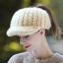 Ball Caps Woman Girl Mink Hair Visor Cap Autumn Winter Hat Solid Color Elastic Cycling Running Golf Empty Top Natural Real