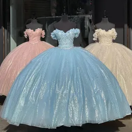 Şampanya Çiçekleri Kristal Quinceanera Elbise Balo Elbise Omuz Aplikler Dantel Pageant Doğum Günü Partisi Tatlı 16 Vestidos De 15 Anos