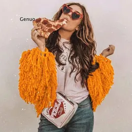 Women's Fur Chic Fall Coarse Yarn Knitted Wool Hollow Tassels Crocheted Fuzzy Cardigan Fringed Sweater Coat Hooked Jacket Pullovers Ol Tops