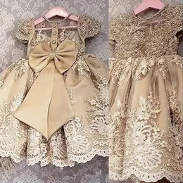 Gold Champagne Princess Girls Pageant Dresses Jewel Neck Cap Sleeves Lace Appliques Pearls Flower Girl Dress Party First Communion Gowns Back With Bow