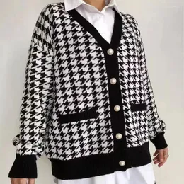 Kurtki damskie Wysokiej jakości temperament Ladies Black Houndstooth Cardigan Cardigan Style V SCICK OITRICE 2022 Autumn Kobiet Elegancka Moda Podstawa