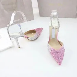 Cinderella Sandals pekade höga häl tofflor bröllop brud latt läder kvinnors kristall dekoration 34-42