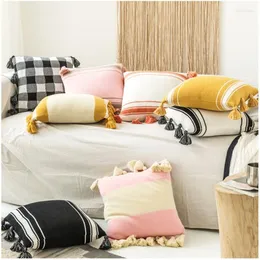 Pillow Striped Knitted Cover Pink Yellow Nordic Style Case With Tassle For Sofa Bed Room Home Decorative 45 45cm/30x50cm