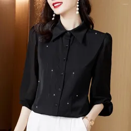 Kvinnors blusar Kvinnors tröjor 2022 Spring Autumn Lapel Long Sleeve Elegant Office Lady Casual Rivet Striped Black Tops Women