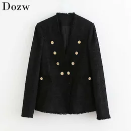 Mode svart färg blazer kvinnor dubbelbröst långärmad avslappnad kappa kvinnlig v halsknapp elegant jacka outwear veste femme