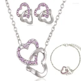Necklace Earrings Set & Double Heart Rhinestones Fashion Ladies Wedding Lovers Charms Women Gifts