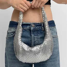 Kvällspåsar 2022 Metal Mesh Women Axel Designer Silver Lady Handväskor Luxury Shinny Hobos Party Purses Liten Underarm Tote Bag