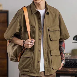 남성용 캐주얼 셔츠 ZCSMLL 일본 빈티지 작업복 셔츠 카키색 짧은 슬리브 멀티 포켓 여름 조수 단색 남성 탑