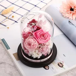 Dekorative Blumen, Valentinstagsgeschenk für Freundin, ewige Blume im Glasdeckel, Heimdekoration für Mutter, LED-Licht, getrocknete Rosen