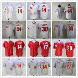 빈티지 야구 저지 14 Pete Rose 17 Chris Sabo 30 Ken Griffey Jr. 34 Homer Bailey 39 Devin Mesoraco Jersys 1969 1976 남녀 청소년