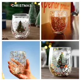 Mugs 2022 New Christmas Tree Cup Heat-resistant Double-layer Flowing Sequins for Water Milk Coffee Glass Xmas Gift Y2210