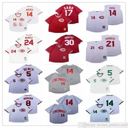 Retro baseballtröjor Mens 13 Dave Concepcion 5 Johnny Bench 30 Ken Griffey 8 Joe Morgan Esh Sömde Pullover Hög kvalitet