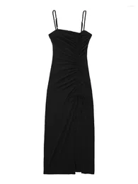 Casual Dresses Party for Women Spaghetti Strap Back Cut Out Sexy Long Dress Front Drawstring Tie Ruched Slit Night Club Black