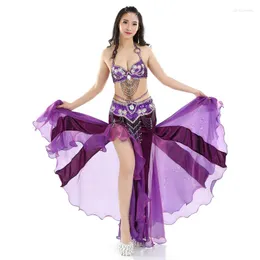 Abbigliamento da palcoscenico Donna Sexy Danza del ventre Top Gonna con perline Cintura 3 pezzi Costume Completo Set Reggiseno Donna Bollywood Abbigliamento