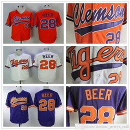 Оптовые мужские мужские клемсон тигры Seth Beer College Baseball Jerseys White Orange Purple 28 Seth Beer University Stuthed Рубашка