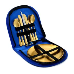 Camping-Besteck-Set, Besteck-Organizer, Utensilien, Picknick-Set, Edelstahl, vergoldeter Teller, Löffel, Butter und gezacktes Messer, Weinöffner-Set