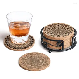 Tischsets 12 Stück Nordic Cup Mat Mandala Design Runde Form Holz Kork Untersetzer mit Rack Untertasse für Kaffee Tee Dekoration