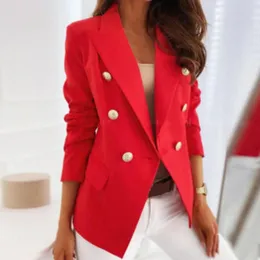 Ternos femininos com abas bolsos à prova de vento comprimento normal outono duplo busto feminino ajuste fino blazer para escritório roupas