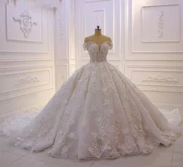 Lśniące z koralikami z ramion A-line sukienka ślubna luksusowe kwiaty 3D koronkowe gorset aplikacja Księżniczka Vintage arabska suknia ślubna