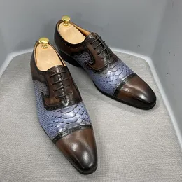 Daniel Wafer Real Cow Leather Mens Dress Shoes Handmade Lace Up Oxford Snake Print Point 캡 발가락 파티 공식 신발