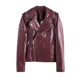 Fashion Street Women Real Sheep Skin Leather Jacket Wine red Genuine Leather zipper Motorcycle Jackets