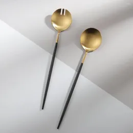 Conjuntos de utensílios de jantar 29,5 cm de servir salada de colher de mesa de mesa para colher com alça cozinheira de ouro preto de 11,61 polegadas de aço