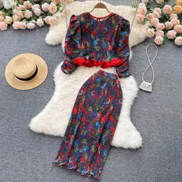 French Vintage Print Two Piece Dress European och American Ins Wind Lotus Leaf Short Popular Top High midje delad kjol