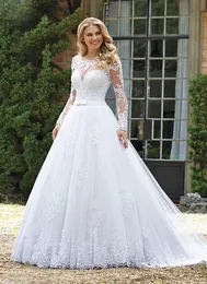 ヴィンテージ長袖A-Line Wedding Dresses Lace Aptliques Illusion Crew Neck Back Lace-up and Bottons Princess Bridal Gowns Plusサイズの花嫁ウェア2023